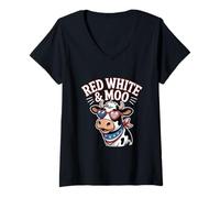 Femme Rouge Blanc Et Meuh 4 Juillet Vache T-Shirt avec Col en V