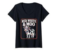 Femme Rouge, Blanc & Meuh 4 Juillet Vache T-Shirt avec Col en V