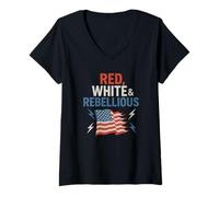 Femme Rouge Blanc & Rebelle - Liberté Patriotique T-Shirt avec Col en V