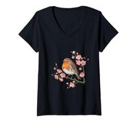 Femme Rouge-gorge européen perché parmi des fleurs roses en fleurs T-Shirt avec Col en V