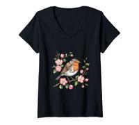 Femme Rouge-gorge européen perché parmi des fleurs roses en fleurs T-Shirt avec Col en V