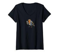 Femme Rouge-Gorge Microphone Biologiste Ornithologue Nature Oiseau T-Shirt avec Col en V