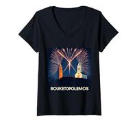 Femme Rouketopolemos Chios Grec Pâques Feu d'artifice Battle Tradition T-Shirt avec Col en V