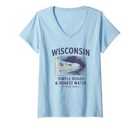 Femme Routes Simples et eaux Authentiques du Wisconsin T-Shirt avec Col en V