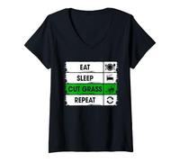 Femme Routine de pelouse Humour Mangez Dormir Couper Herbe Répéter T-Shirt avec Col en V