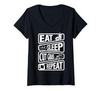 Femme Routine de pelouse Humour Mangez Dormir Couper Herbe Répéter T-Shirt avec Col en V