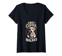 Femme Routine pour Les Amoureux des Chiens First Coffee Then Walkies T-Shirt avec Col en V