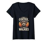 Femme Routine pour Les Amoureux des Chiens First Coffee Then Walkies T-Shirt avec Col en V