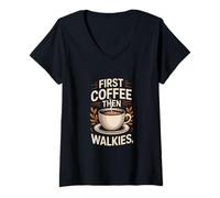 Femme Routine pour Les Amoureux des Chiens First Coffee Then Walkies T-Shirt avec Col en V