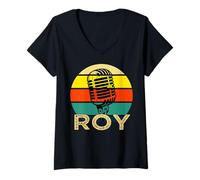 Femme Roy Microphone rétro avec nom Amusant des années 80 Vintage Lovers T-Shirt avec Col en V