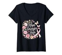 Femme Ruban de Sensibilisation au Cancer du Sein « Hope is Stronger Than Fear » T-Shirt avec Col en V