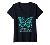 Femme Ruban de Sensibilisation « Her Bravery Butterfly » T-Shirt avec Col en V