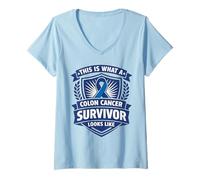 Femme Ruban de Soutien Bleu de Sensibilisation aux survivants du Cancer du côlon T-Shirt avec Col en V