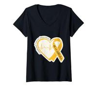 Femme Ruban doré en Forme de cœur pour la Sensibilisation au Cancer de l'enfance pour Hommes, Femmes, Enfants T-Shirt avec Col en V