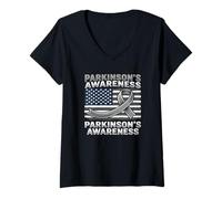 Femme Ruban Gris Drapeau américain de Sensibilisation au Parkinson T-Shirt avec Col en V