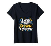 Femme Ruban « I Love Someone with Down Syndrome » T-Shirt avec Col en V