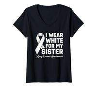 Femme Ruban « Lung Cancer Awareness I Wear White for My Sister » T-Shirt avec Col en V
