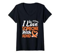 Femme Ruban Orange avec flèche et cœur « I Love Someone with ADHD Awareness » T-Shirt avec Col en V