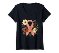 Femme Ruban Orange avec Fleurs Cancer Fighter Support Art Femmes T-Shirt avec Col en V