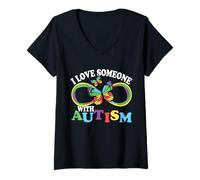 Femme Ruban Papillon « I Love Someone with Autism Awareness » T-Shirt avec Col en V
