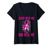 Femme Ruban Rose « Jesus Help God Heal Me » pour la Sensibilisation au Cancer du Sein T-Shirt avec Col en V