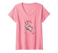 Femme Ruban Rose Sensibilisation Florale - Support élégant Motif Fleur T-Shirt avec Col en V