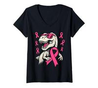 Femme Ruban Rose T Rex pour la Sensibilisation au Cancer du Sein T-Shirt avec Col en V