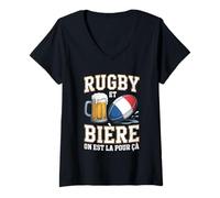 Femme Rugby et Bière on Est La pour Ça Drapeau français Fans Rugby T-Shirt avec Col en V