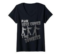 Femme Run Here Comes The Zombies Costume de Zombie Amusant pour Halloween T-Shirt avec Col en V