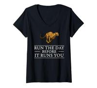 Femme Run The Day Cheetah, Affirmation Motivationnelle, Hustle Mindset T-Shirt avec Col en V