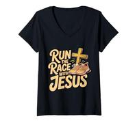 Femme Run The Race with Jesus Foi du Coureur chrétien - T-Shirt avec Col en V