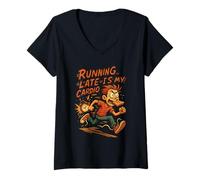 Femme Running Late Is My Cardio Funny Overlept Shirt Daily Mood T-Shirt avec Col en V