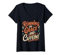 Femme Running on Grace and Caffeine - Funny Coffee Christian T-Shirt avec Col en V