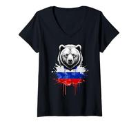 Femme Russian Bear Head sur Drapeau Aquarelle T-Shirt avec Col en V