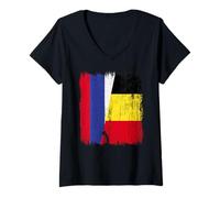 Femme Russie Belgique Demi Drapeau Russe Belge Jersey T-Shirt avec Col en V