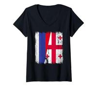 Femme Russie Géorgie Demi-drapeau Russe Géorgien Racines T-Shirt avec Col en V