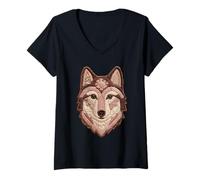 Femme Rustique Patchwork Loup Floral Animal Boho Folk Art Graphique T-Shirt avec Col en V