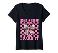 Femme RV Camping Camper Camper Girl Mom Home is Where I Park It T-Shirt avec Col en V