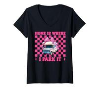 Femme RV Camping Camper Camper Girl Mom Home is Where I Park It T-Shirt avec Col en V