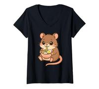 Femme Ryukyu Rat géant à Longue Queue Mangeant Ramen Nouilles Kawaii Mignon T-Shirt avec Col en V