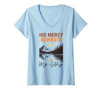 Femme Sa miséricorde a réécrit Mon Histoire Christian Mountain Sunset Faith T-Shirt avec Col en V