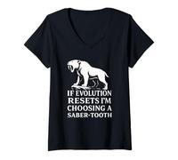 Femme Saber Tooth Tiger Evolution Reset Vintage Animal Lover Humour T-Shirt avec Col en V