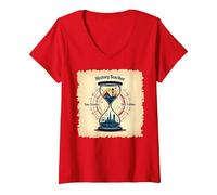Femme Sablier pour Professeur d'histoire, Voyageur dans Le Temps, Vintage, Aventure T-Shirt avec Col en V, Rouge, M