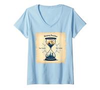Femme Sablier pour Professeur d'histoire, Voyageur dans Le Temps, Vintage, Aventure T-Shirt avec Col en V, Bleu Céleste, L