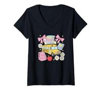 Femme Sac à Dos Motif Bus Scolaire Apple Livres Fleurs T-Shirt avec Col en V