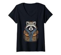Femme Sac à Dos Raton Laveur Illustration Animale Cartoon T-Shirt avec Col en V