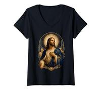 Femme Sacré Jésus Christ Art Déco Cœur Cathédrale Icône Foi T-Shirt avec Col en V