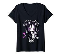 Femme Sad Girl Kawaii Anime Goth Bunny Creepy Mignon Emo T-Shirt avec Col en V
