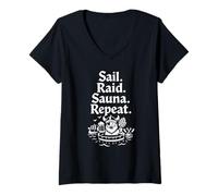 Femme Sail Raid Sauna Repeat Funny Viking History Lover Norway T-Shirt avec Col en V