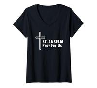 Femme Saint Anselm Pray for Us Catholic Church Saint Patronage T-Shirt avec Col en V